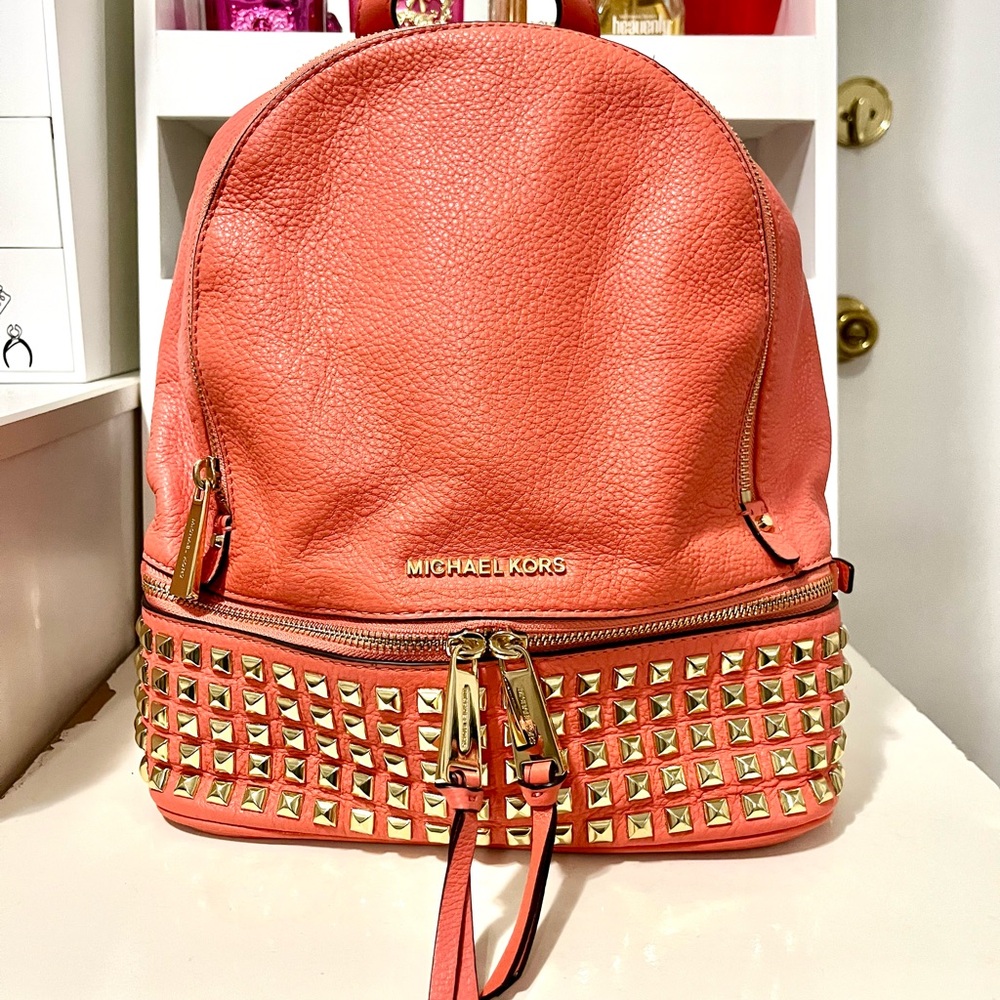 Michael Kors Rhea Studded Backpack Purse Pink Grapefruit